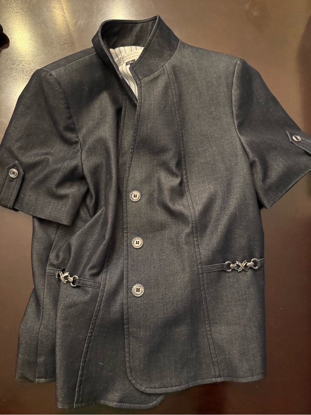 Tahari Black Short-Sleeve Jacket with Chain Waist Detail